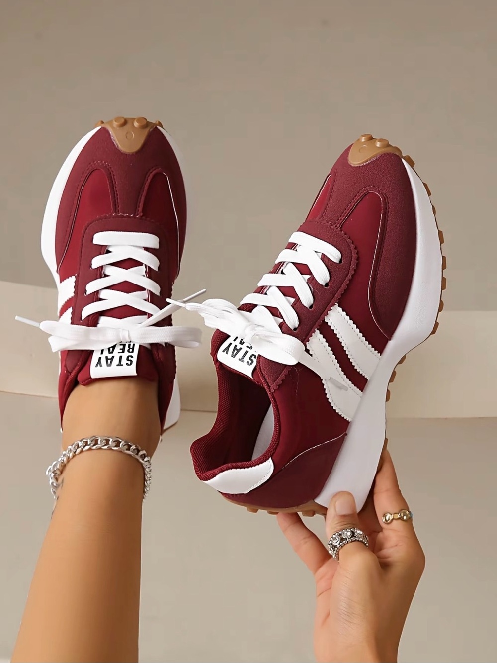 Women's Maroon Lace-Up Sneakers with White Stripes - Picture 5 of 5